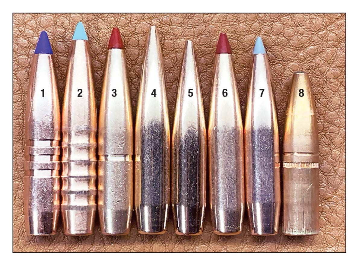 Modern projectiles have a longer secant ogive, which increases their ballistic coefficient: (1) Barnes 168 LRX, (2) Hammer 170 HHT, (3) Hornady 160 CX, (4) Berger 195 Elite Hunter, (5) Berger 175 Elite Hunter, (6) Nosler 175 ABLR and (7) Hornady 175 ELD-X. A 1980s Speer Grand Slam (8) is shown for comparison.